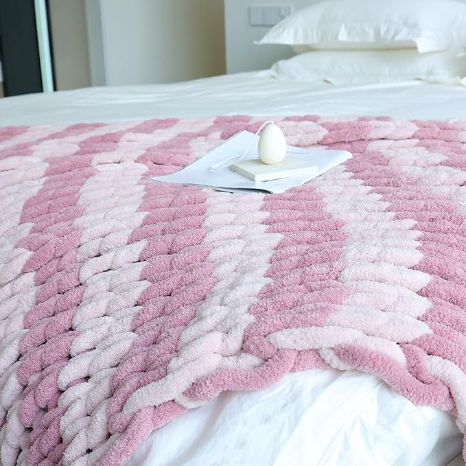 Maetoow Chenille Chunky Knit Blanket Throw 50×60 Inch, Handmade Warm & Cozy Blanket Couch, Bed, Home Decor, Soft Breathable Fleece Banket, Christmas Thick and Giant Yarn Throws, Dark Pink & Light Pink