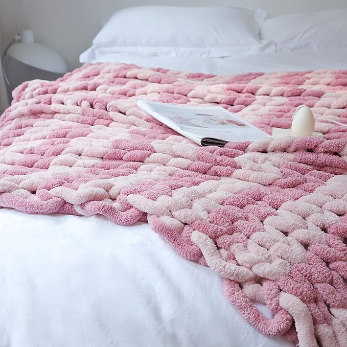 Maetoow Chenille Chunky Knit Blanket Throw 50×60 Inch, Handmade Warm & Cozy Blanket Couch, Bed, Home Decor, Soft Breathable Fleece Banket, Christmas Thick and Giant Yarn Throws, Dark Pink & Light Pink