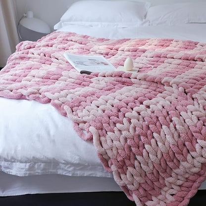 Maetoow Chenille Chunky Knit Blanket Throw 50×60 Inch, Handmade Warm & Cozy Blanket Couch, Bed, Home Decor, Soft Breathable Fleece Banket, Christmas Thick and Giant Yarn Throws, Dark Pink & Light Pink