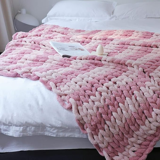 Maetoow Chenille Chunky Knit Blanket Throw 50×60 Inch, Handmade Warm & Cozy Blanket Couch, Bed, Home Decor, Soft Breathable Fleece Banket, Christmas Thick and Giant Yarn Throws, Dark Pink & Light Pink