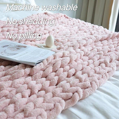 Maetoow Chenille Chunky Knit Blanket Throw （50×60 Inch）, Handmade Warm & Cozy Blanket Couch, Bed, Home Decor, Soft Breathable Fleece Banket, Christmas Thick and Giant Yarn Throws, Light Pink