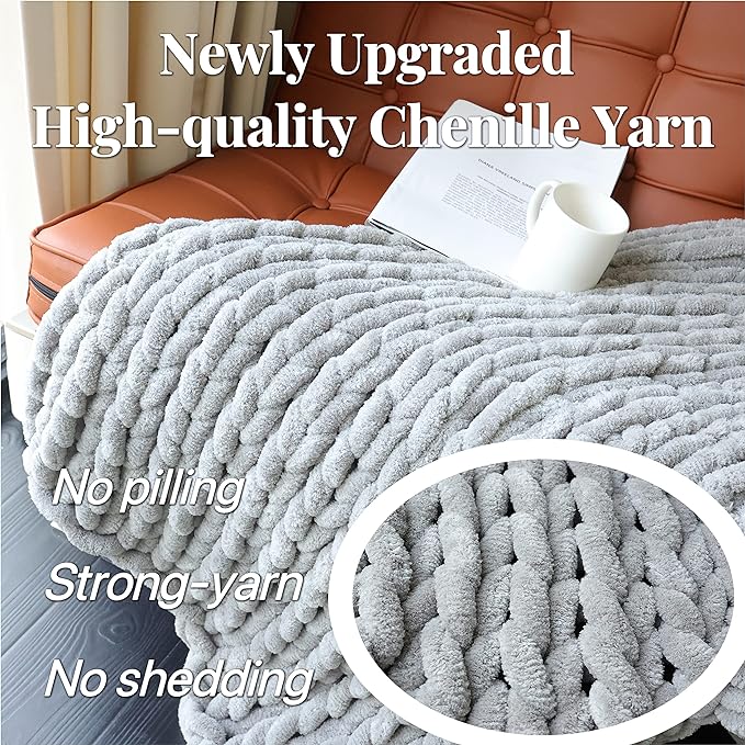 Maetoow Chenille Chunky Knit Blanket Throw （50×60 Inch）, Handmade Warm & Cozy Blanket Couch, Bed, Home Decor, Soft Breathable Fleece Banket, Christmas Thick and Giant Yarn Throws，Grey