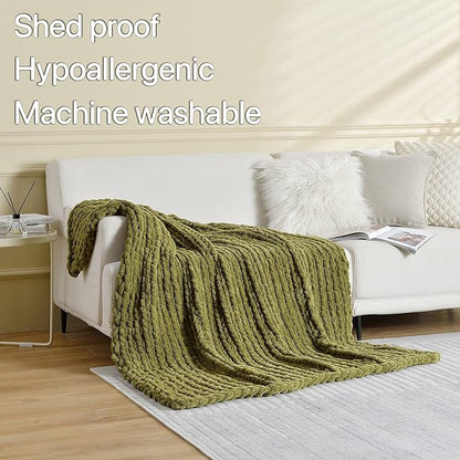 Maetoow Tighter Version Chenille Chunky Knit Blanket Throw 40×50 Inch, Handmade Warm & Cozy Blanket Couch, Bed, Home Decor, Soft Fleece Banket, Boho Thick Blankets and Giant Yarn Throws，Olive Green